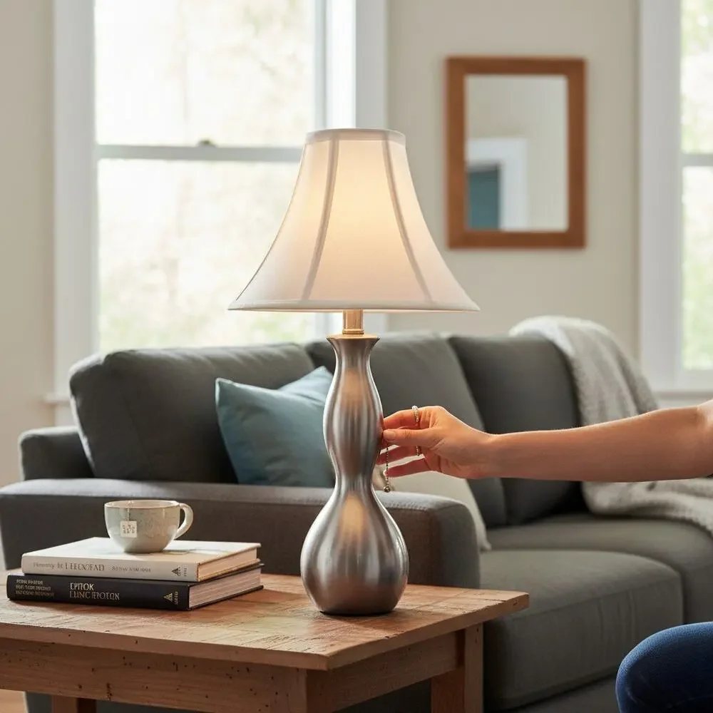 Brushed Nickel Table Lamp Modern Accent Light Fabric Shade
